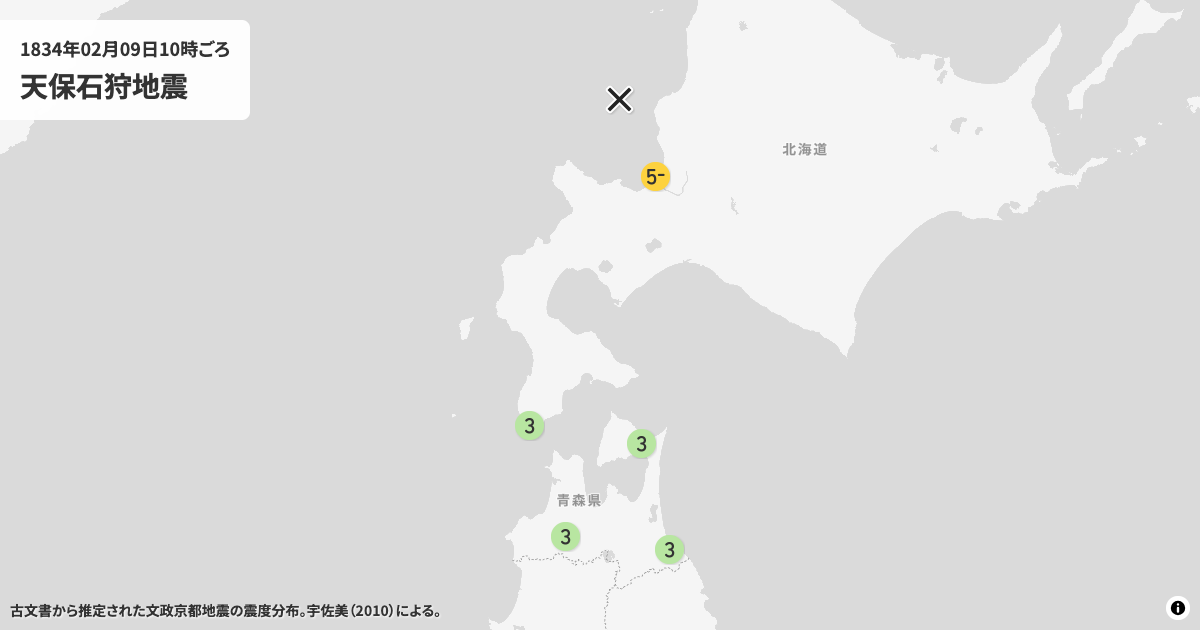 1834年天保石狩地震の震度分布