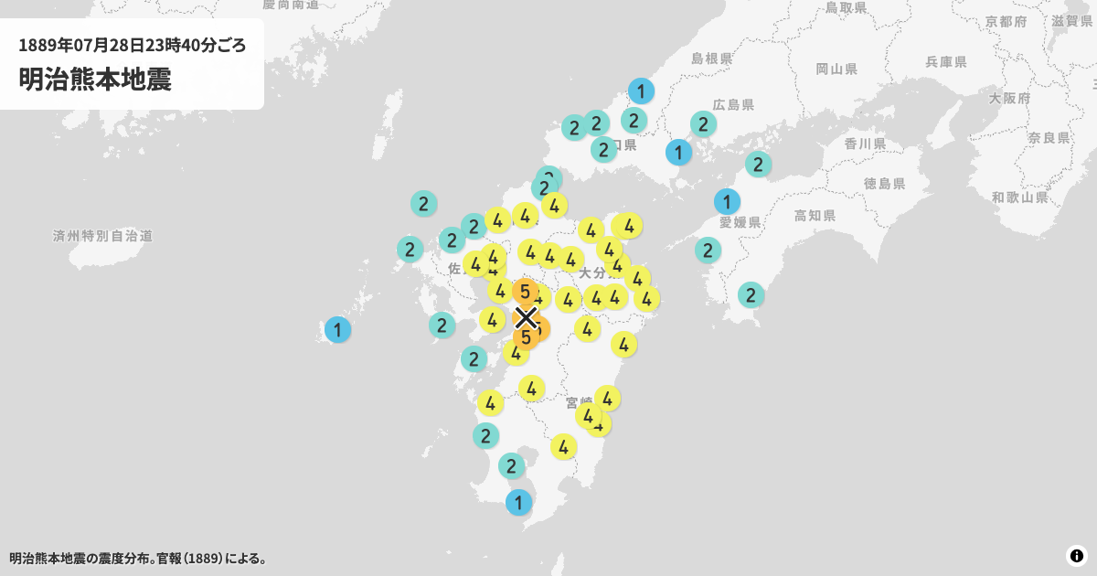 1889年明治熊本地震の震度分布