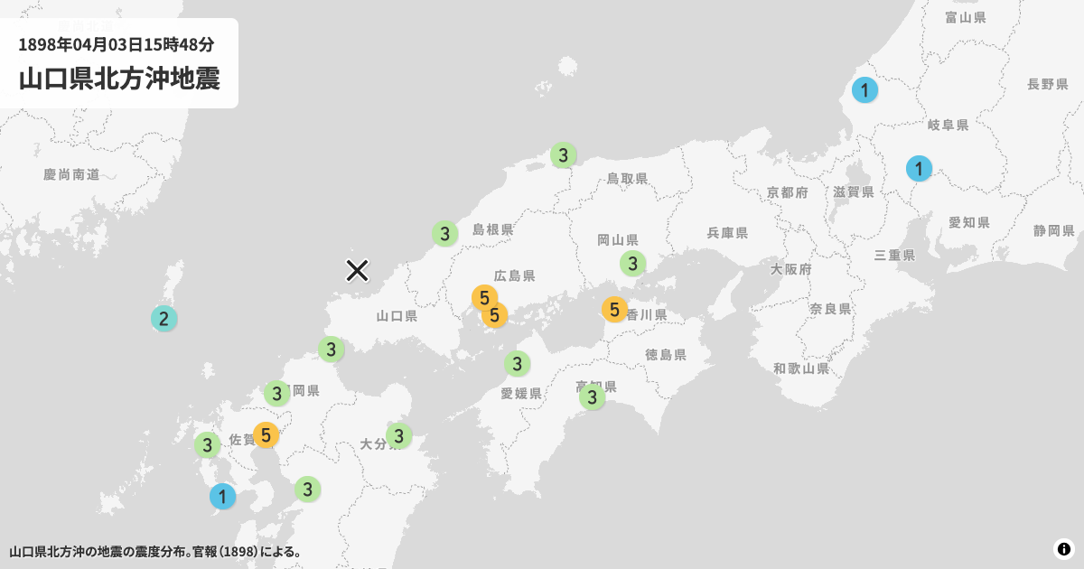 1898年山口県北方沖の震度分布