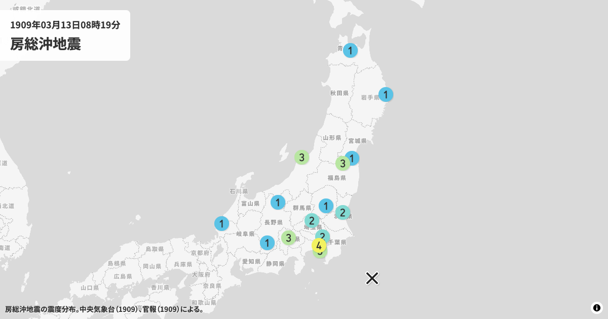 1909年房総半島沖の震度分布