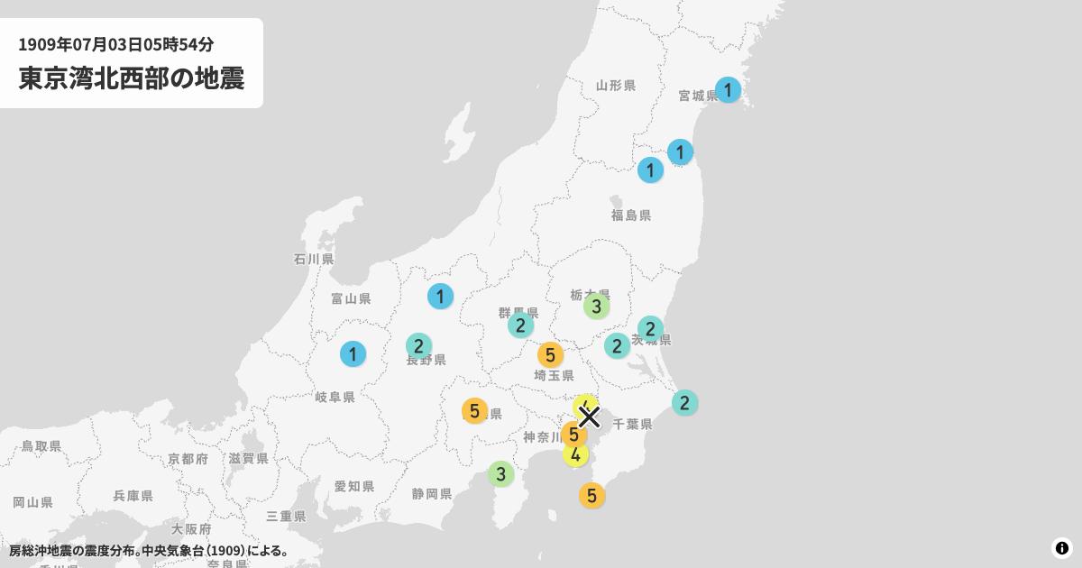 1909年東京湾北西部の震度分布