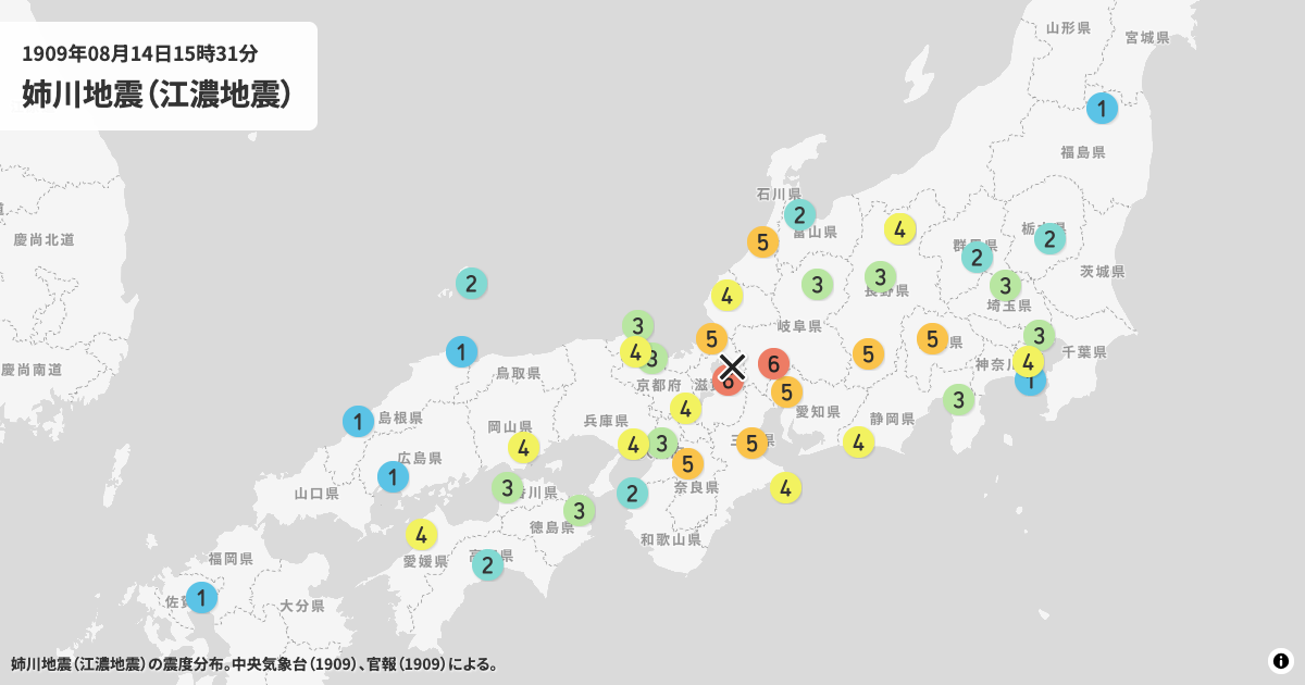1909年姉川地震（江濃地震）の震度分布