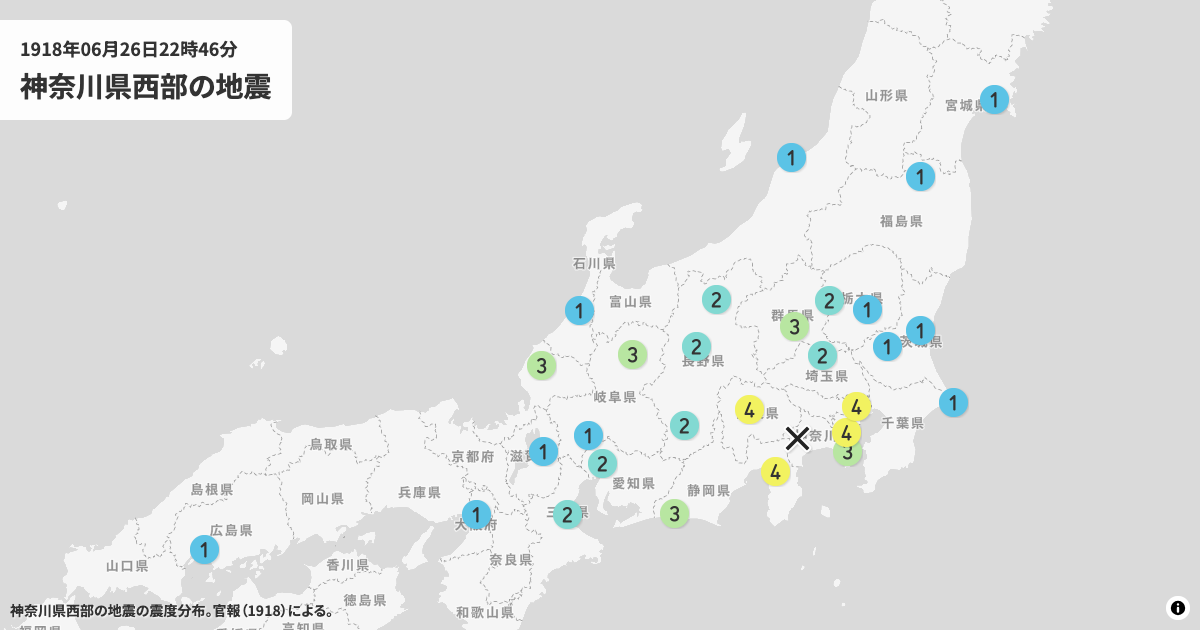 1918年神奈川県西部の震度分布