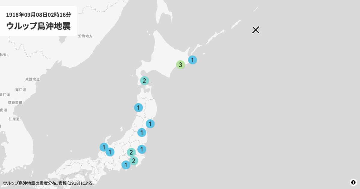 1918年ウルップ島沖の震度分布