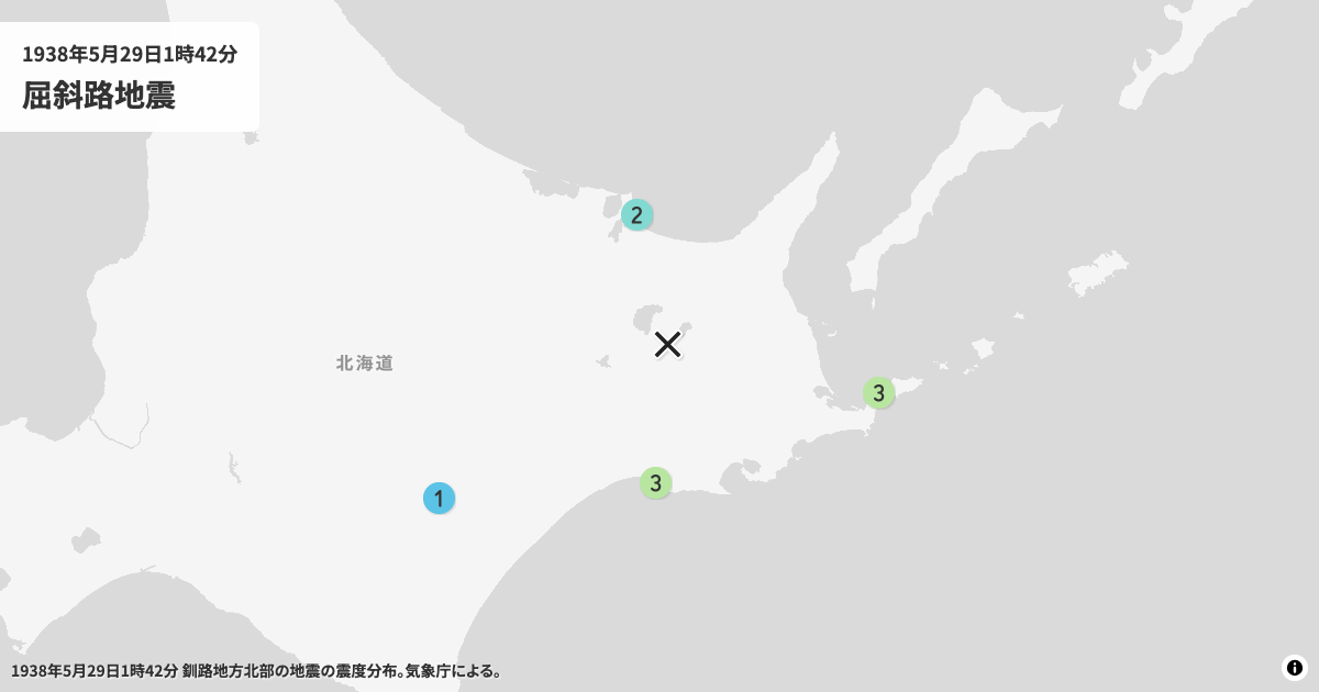 1938年屈斜路地震の震度分布