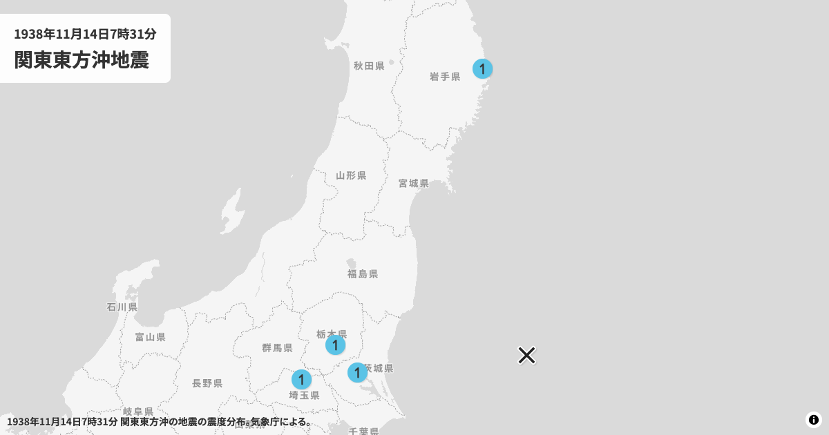 1938年関東東方沖の震度分布