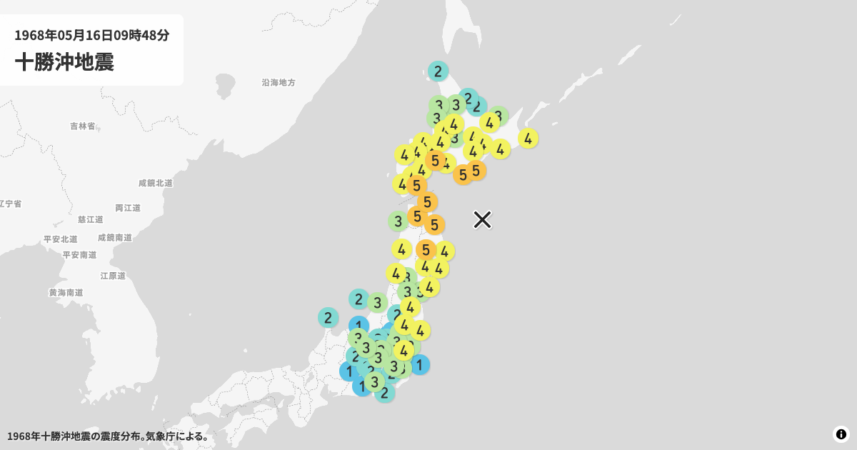 1968年十勝沖地震の震度分布