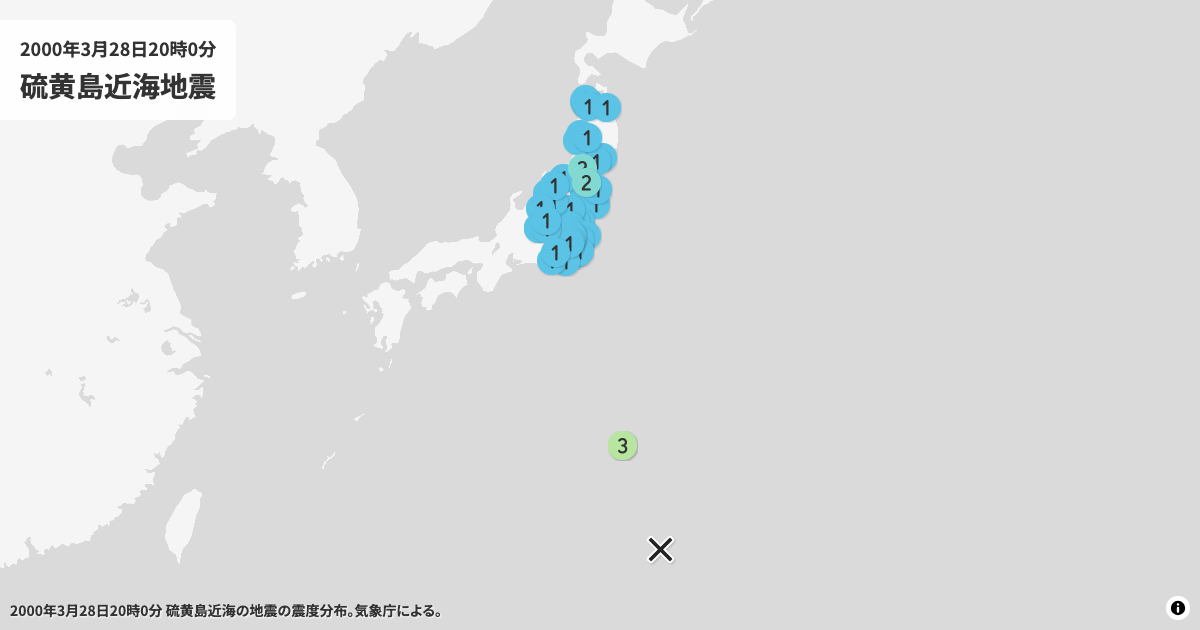 2000年硫黄島近海の震度分布