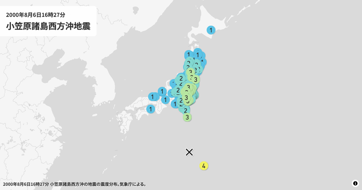 2000年小笠原諸島西方沖の震度分布