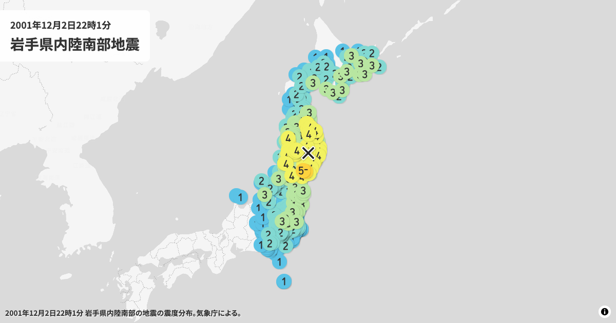 2001年岩手県内陸南部の震度分布