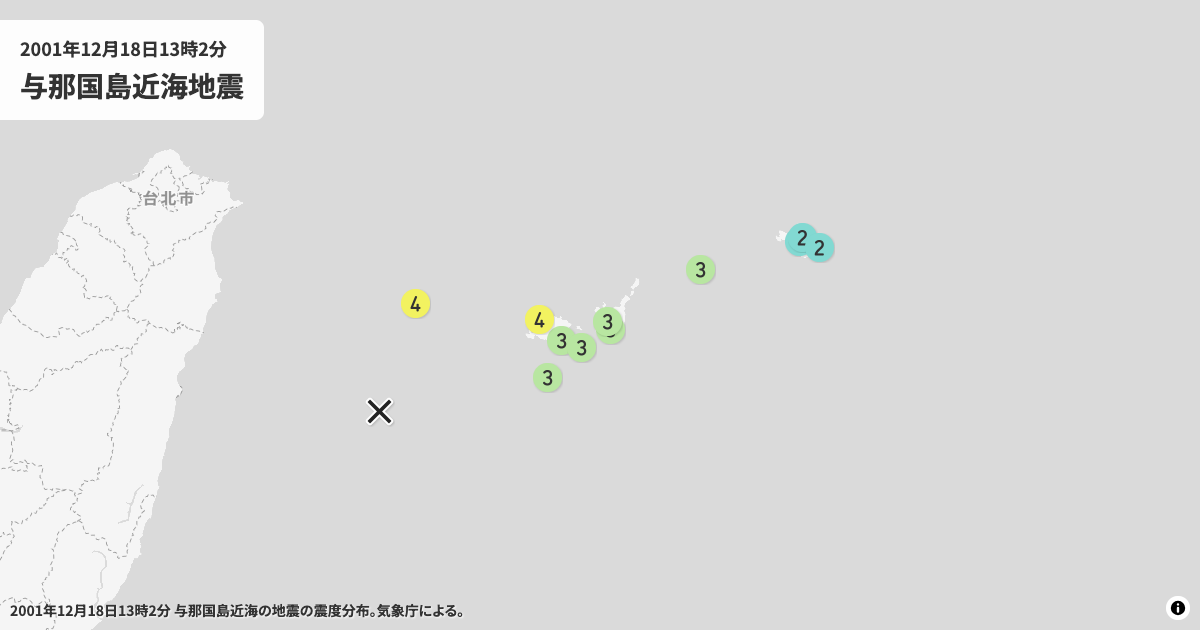 2001年与那国島近海の震度分布