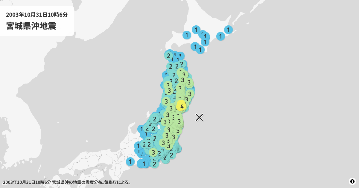 2003年宮城県沖の震度分布