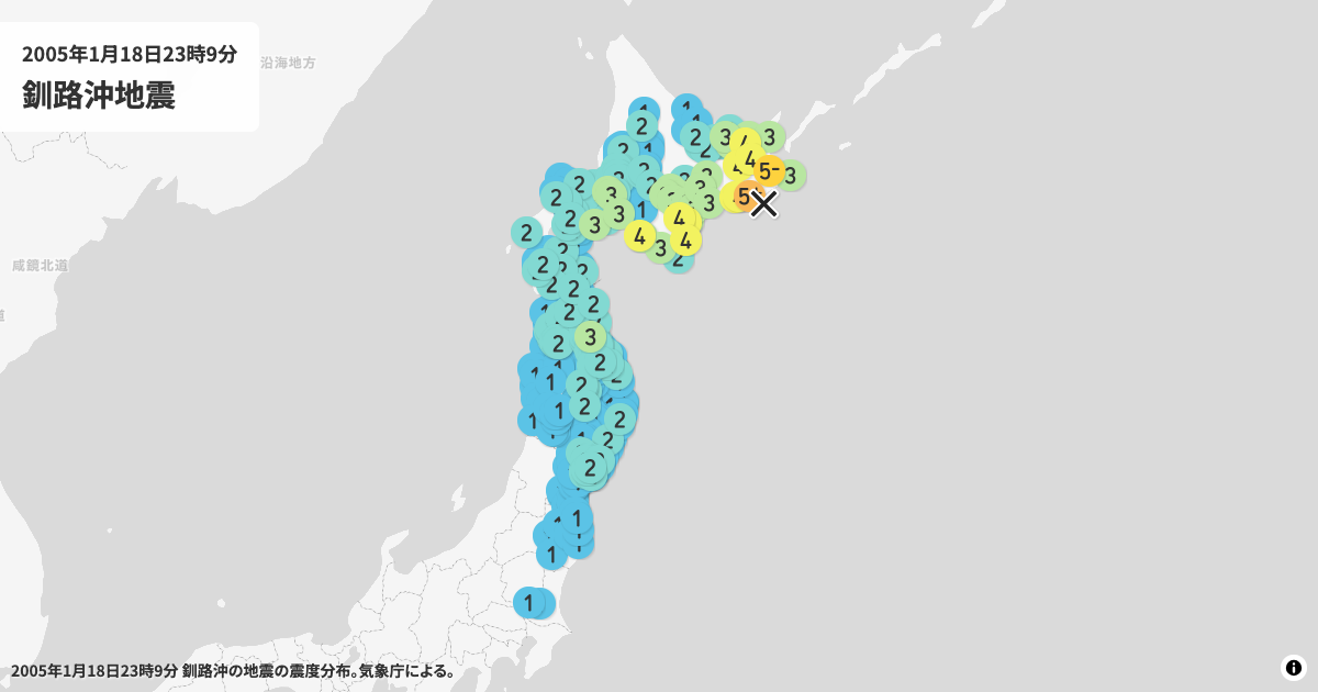 2005年釧路沖の震度分布