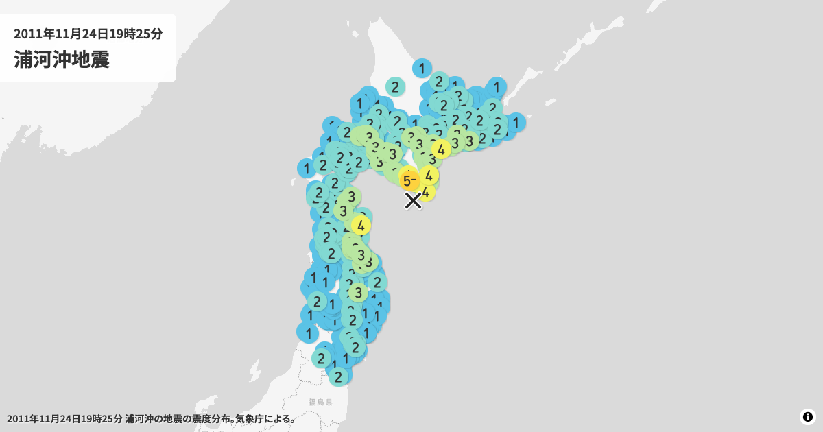 2011年浦河沖の震度分布