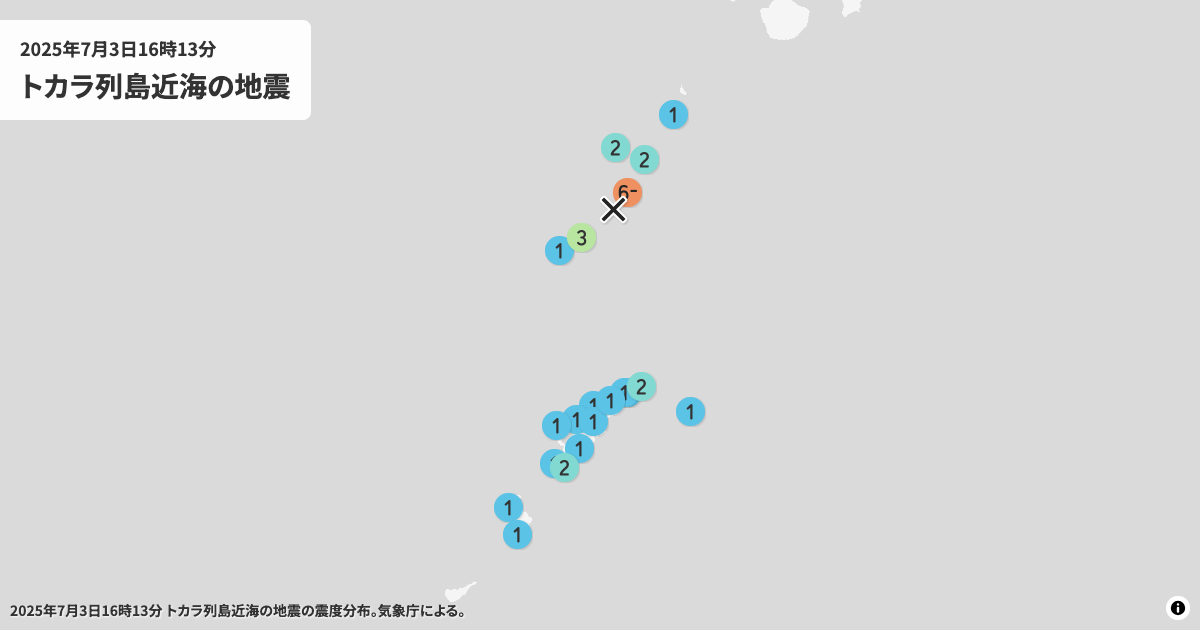 2025年トカラ列島近海の震度分布